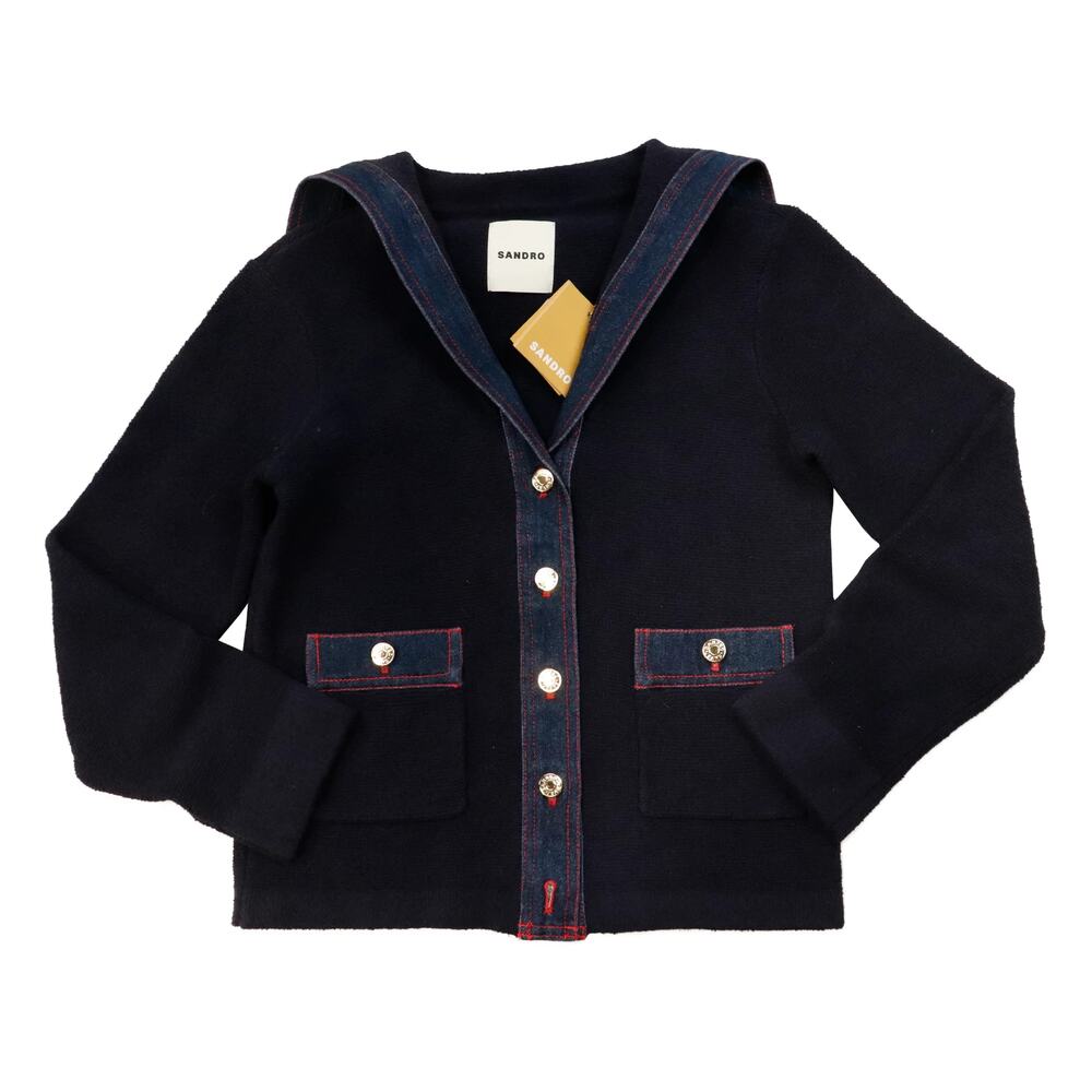 Vintage Sandro Denim Trim Button Up Blazer Jacket Top Size 1
